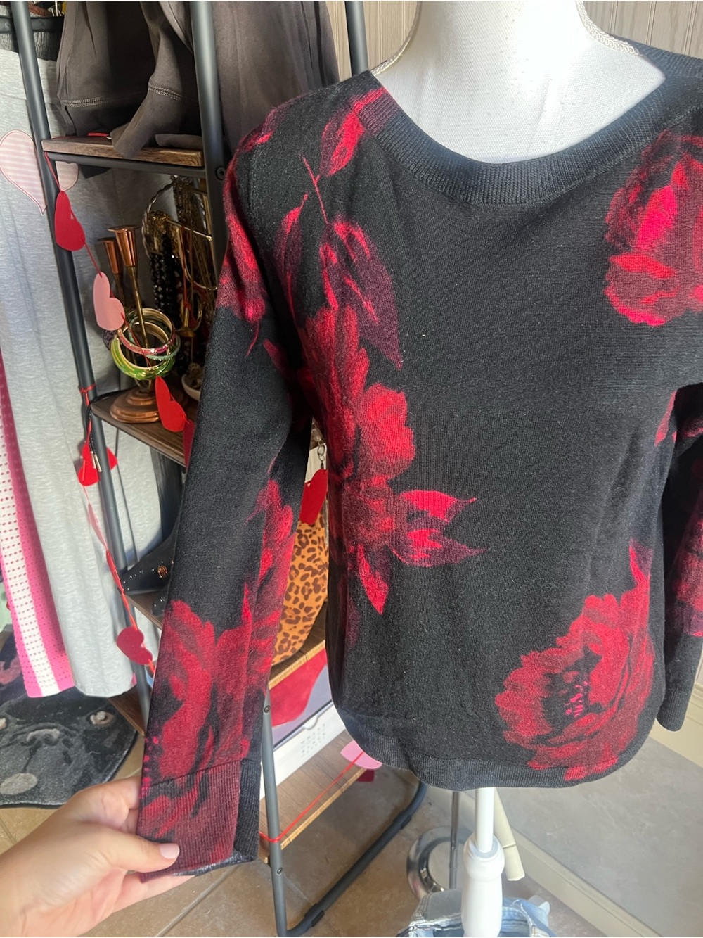 Talbots Merino Wool Black Sweater with Red Floral Print - Crew Neck - Picture 3 of 7